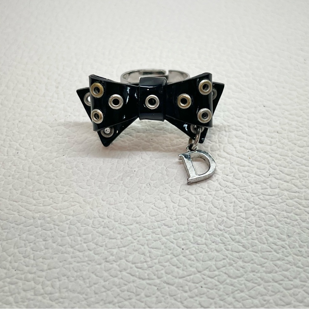 Christian Dior Ring Black Patent Leather Bow Silver Tone Grommets D Charm ADJ